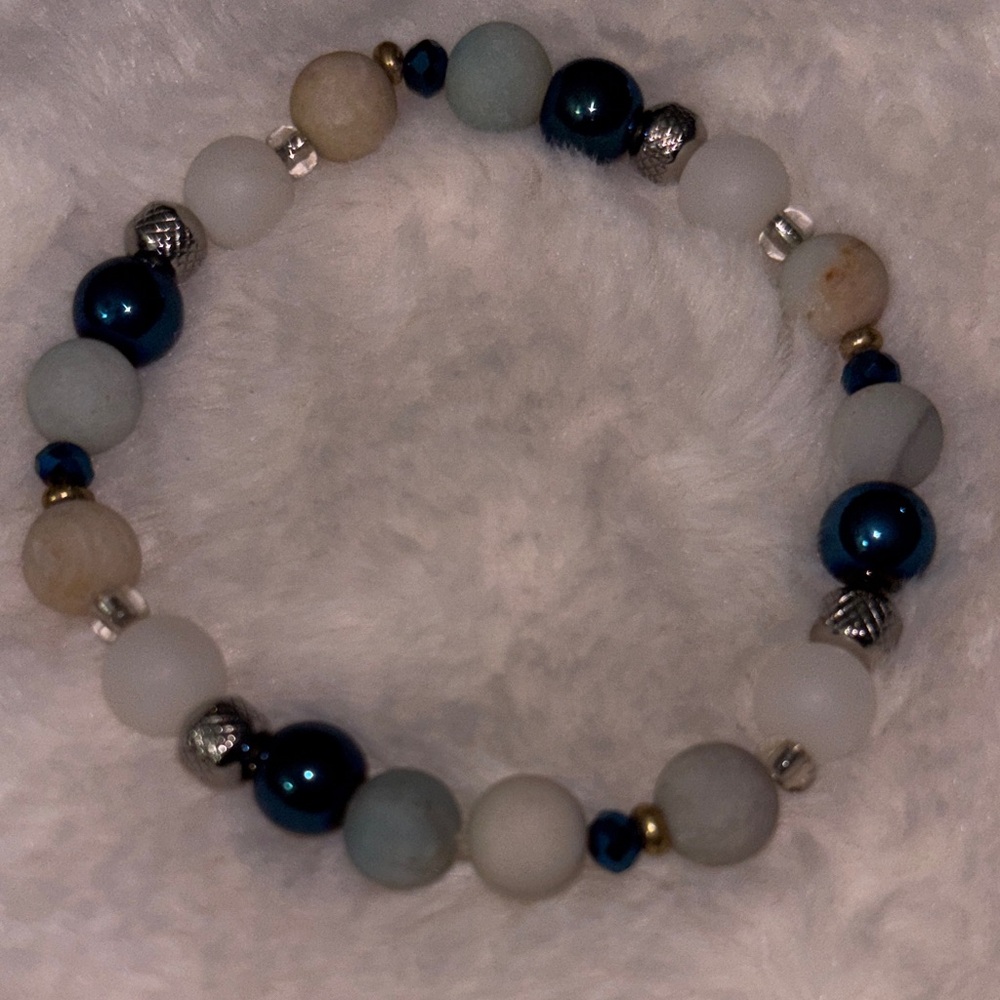 Blue and White Beaded Stretch Bracelet - Women Jewelry